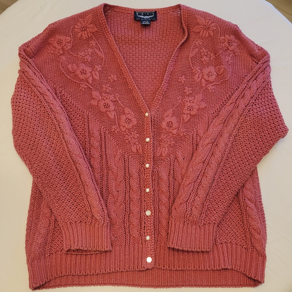 VINTAGE Cable Knit Cardigan| Women's Medium|Dusty Rose/Mauve - Picture 2 of 9